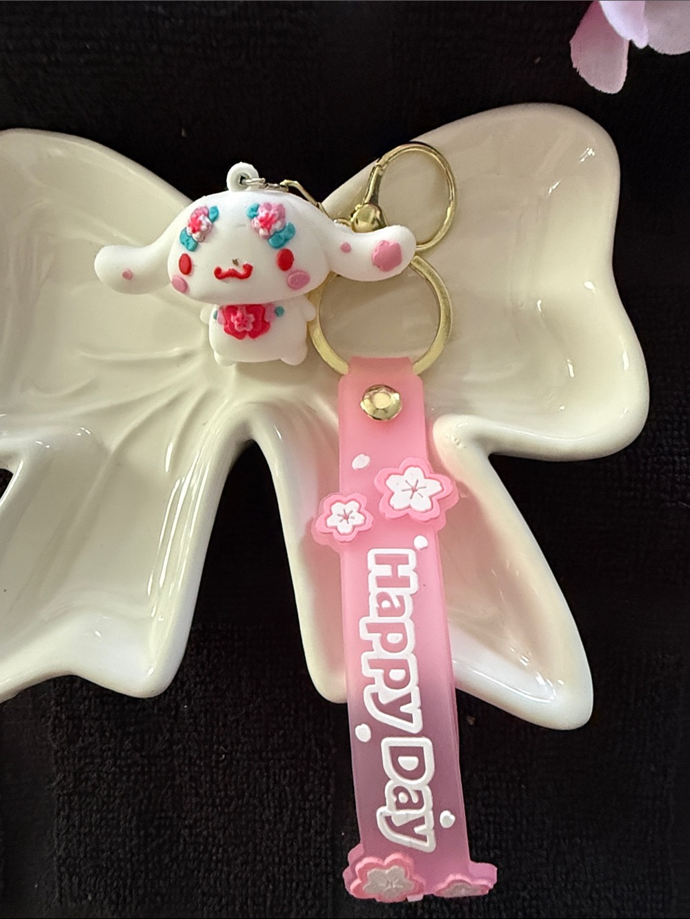 Pink 'Happy Day' Silicone Keychain Bag Charm with Cute Character